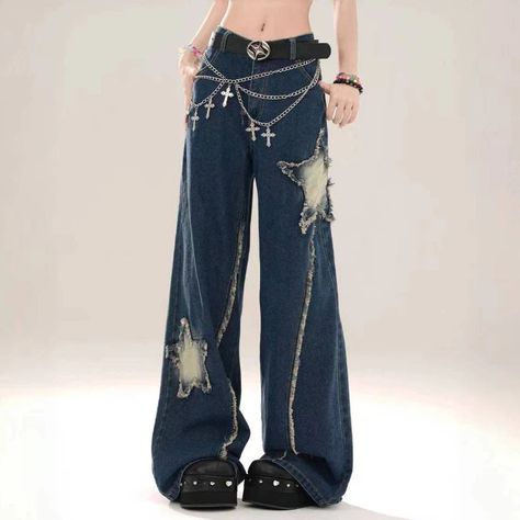 DetailsMaterial: PolyesterClosure Type: Button fly High Waist Baggy Pants, Patched Jeans, Grunge Goth, Baggy Pants, Girls High, Type Of Pants, Denim Trousers, Gyaru, Jeans Brands