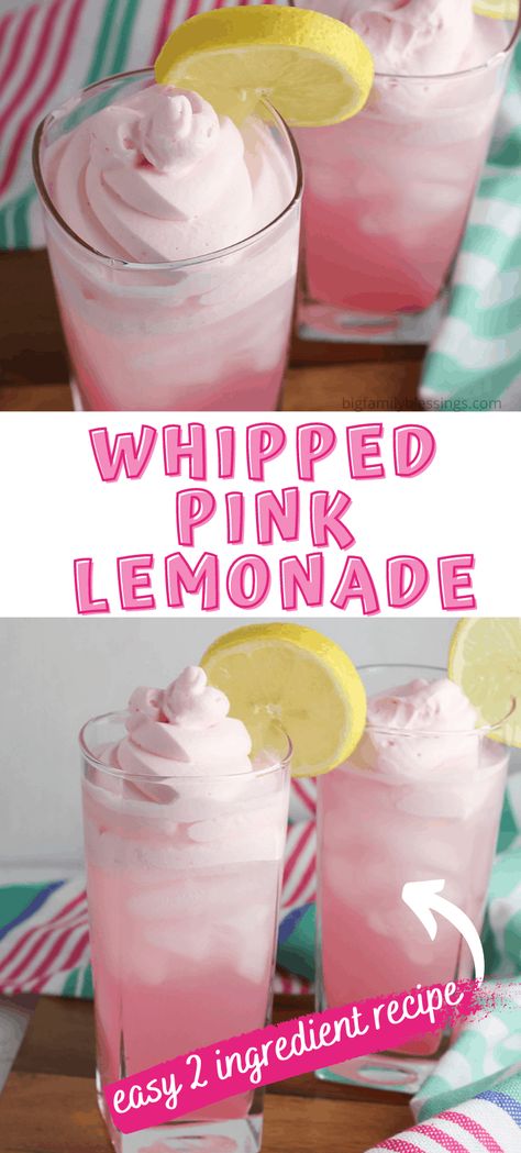 Whipped Pink Lemonade. With this simple whipped pink lemonade recipe, you can create a refreshing summer drink that both you and your kids will love. Whipped lemonade is such a fun summer treat. Whipped beverages are the best! Easy Pink Lemonade Recipe, Easy To Make Summer Drinks, Cute Nonalcoholic Drinks, Summer Kid Drinks, Fun Summer Kids Drinks, Fun Non Alcoholic Drinks Summer, Yummy Summer Recipes, Easy Summer Ideas, Summer Birthday Ideas For Kids