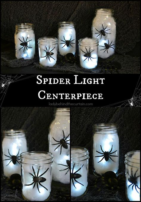 Halloween Spider Light Centerpiece Halloween Mason Jars Diy, Halloween Mason Jars, Lighted Centerpieces, Spider Light, Creepy Halloween Decorations, Diy Halloween Decor, Halloween Centerpiece, Halloween Lights, Halloween Decorations Indoor