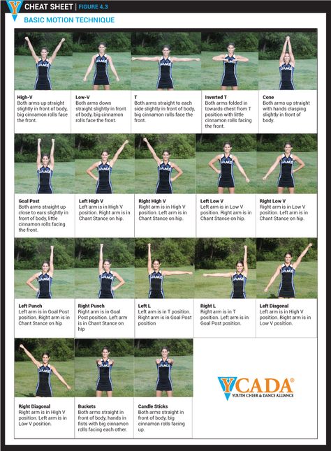 If you are a beginner, this is a great photo of what all the motions look like.  #Cheerleading #Cheer #Dance #YCADA Cheerleading Motions, Cheerleading Skills, Guess The Gender, Cheer Moves, Cheer Jumps, Cheerleading Workout, Cheerleading Workouts, Cheer Dance Routines, Cheer Hacks