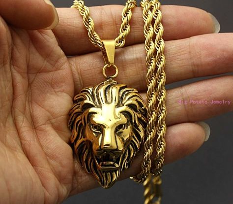 Men's Necklace Gold, Gold Pendants For Men, Lion Pendant, Gold Chain Design, Mens Gold Jewelry, Gold Rope Chains, Mens Gold Bracelets, Gold Rings Fashion, Gold Chains For Men