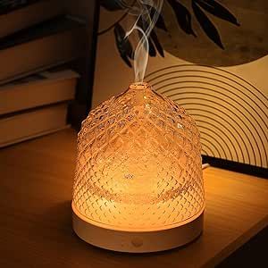 Lecdura Glass Essential Oil Diffuser, 200ml Ultrasonic Aroma Diffusers with Glass Reservoir Dome Lock Color Auto-Off Timer 7 Color Light for Gift Home Office Bedroom Cute Diffusers For Essential Oils, Aesthetic Oil Diffuser, Essential Oil Diffuser Aesthetic, Cute Diffuser, Oil Diffuser Aesthetic, Aesthetic Humidifier, Diffuser Decor Ideas, Aesthetic Diffuser, Scad Dorm