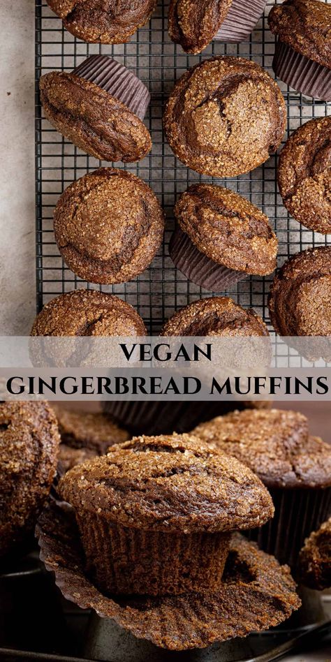 Vegan gingerbread muffins - these easy eggless muffins are super soft, moist and fluffy with a rich spiced treacle (molasses) flavour. They are great any time of year but especially good around bonfire night and Christmas! Vegan Gingerbread Muffins, Vegan Savory Muffins, Vegan Christmas Cupcakes, Vegan Christmas Baking, Winter Muffins, Gingerbread Muffins Recipe, Eggless Muffins, Vegan Muffin, Vegan Gingerbread Cookies