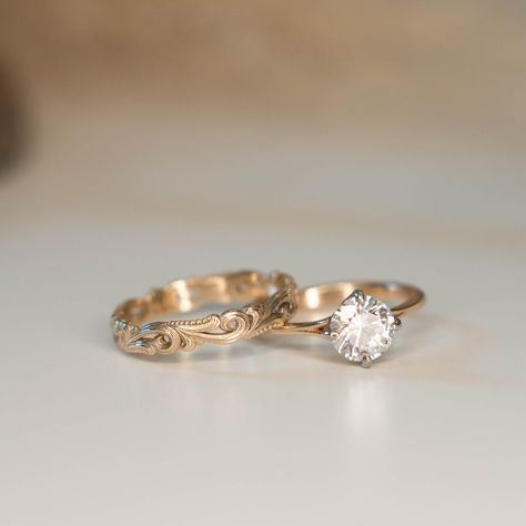 Like the name says these are graceful set of bridal rings. Grace solitaire ring set with 1ct brilliant diamond ring and Hera pierced band. About these rings: Grace Solitaire ring in 14kt Yellow gold and Platinum prongs ~Choose from Lab-grown 1ct Color F, Clarity VS1, Ideal cut, IGI certified, or Mined 1ct Color G, Clarity VS2, Excellent cut, GIA certified Hera band in 14kt yellow gold Save 5% buying these set together. These pieces are made to order. Please allow 3-4 weeks for shipping. If you n Wedding Stack, Rings Stack, Solitaire Ring Set, Engraved Engagement Ring, Cute Engagement Rings, Future Engagement Rings, Dream Engagement Rings, Round Diamond Engagement Rings, Wedding Rings Vintage