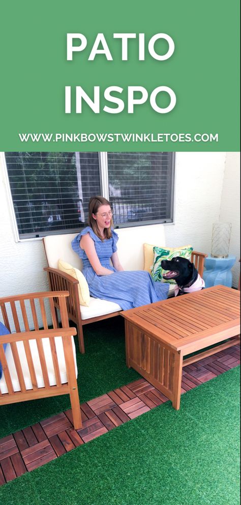 Blonde woman sitting on wooden patio furniture with a black lab. The ground is covered in Astro turf and wood decking tiles from IKEA. Ikea Deck Tiles, Ikea Runnen, Ikea Tiles, Ikea Patio, Patio Renovation, Patio Oasis, Decking Tiles, Porch Inspiration, Plastic Decking