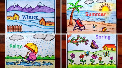 Video Tutorial uploaded on Amrita's_Artwork_333. Subscribe for more creative Drawings and School Projects. Four Seasons Drawing | Type of Seasons Drawing for kids Easy steps | Weather Seasons Drawing ideas Weather Drawings Art, Four Seasons Drawing For Kids, Season Charts For Kids, Seasons Chart Preschool, 4 Seasons Drawing, Four Seasons Drawing, Seasons Drawing, Drawing For School, Rabbit Drawing Easy