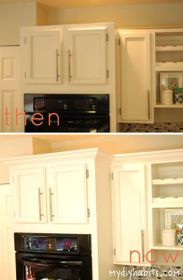 adding instant drama to kitchen cabinets, diy, home decor, kitchen cabinets, kitchen design, woodworking projects, Check out the BEFORE and AFTER Looks so dang good Kitchen Cabinet Molding, Kitchen Cabinet Crown Molding, Kitchen Cabinet Plans, Kitchenaid Kitchen, Espresso Kitchen Cabinets, Smeg Kitchen, Cabinet Molding, Espresso Kitchen, Crown Moldings