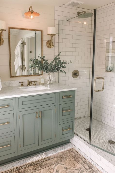 Green Bathroom Sink Cabinet, Sage Green Bathroom Vanity Master Bath, Small Bathroom Ideas Green Vanity, Sage Bathroom Vanity Ideas, Cottage Feel Bathroom, Bathroom Wallpaper Sage Green, Bathroom Country Modern, One Tile Bathroom Ideas, Small Bathroom Green Vanity