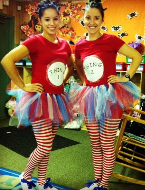 my co-worker and I dressed up as thing 1 and thing 2! Super easy costume to make! 2 Costume Ideas, Thing 1 Costume, Thing 2 Costume, Easy Costumes To Make, Dr Seuss Costumes, Sister Halloween Costumes, Dress Up Ideas, Thing 1 And Thing 2, Teacher Halloween Costumes