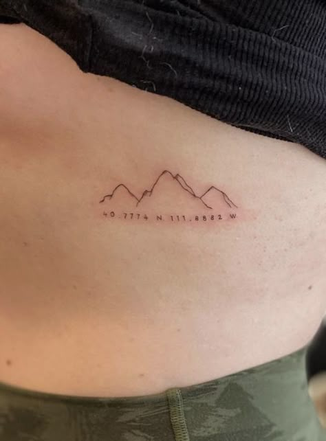 Tattoo by @andyoutattoo on instagram Sister Tattoos Mountains, Map And Mountains Tattoo, Tattoo Ideas Mountains Simple, Four Mountains Tattoo, Mountain With Words Tattoo, 3 Mountain Tattoo, Mountain Sibling Tattoo, Dainty Tattoos Mountains, Rib Tattoo Mountain