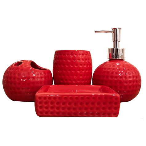 PRICES MAY VARY. Ceramics 【4-Piece Bathroom Accessory Set】 Includes a lotion soap dispenser, a toothbrush holder, a soap dish and a bathroom ceramic mug. The red bathroom set is a quick and easy way to organize and upgrade your bathroom. 【Pemium materials】Red bathroom accessories fired from durable, high-quality ceramics with a beautiful smooth finish, easy to wipe or hand wash without leaving marks on your countertops. 【Red Bathroom Decor Sets】 It is an red golf style, very beautiful and elegan Old Tile Toothbrush Holder, Red Bathroom Accessories, Ceramic Bathroom Accessories, Red Bathroom Decor, Red Bathroom, Bathroom Accessories Set, Ceramic Bathroom, Bathroom Themes, Bathroom Red