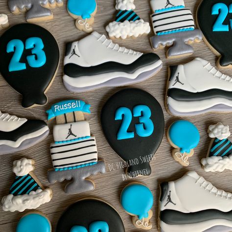 Jordan 23 Party Ideas, Sneaker Theme Party Ideas Air Jordans, Sneaker Ball Cookies, Air Jordan Cookies, Jordan 23 Birthday Party Ideas, Sneaker Ball Baby Shower Ideas, Jordan Themed Birthday Party, Jordan 1 Birthday Theme, Jordan Year Birthday 23 Ideas