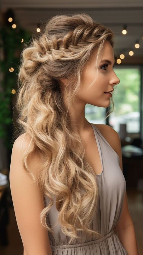 Long Hair Maid Of Honor Styles, Formal Hair To The Side, Wedding Hair Top Knot, Side Braid Hairstyles For Wedding, Side Braid Wedding, Wedding Hairstyles To The Side, Fishtail Braid Styles, Side Swept Curls, Fishtail Braid Hairstyles