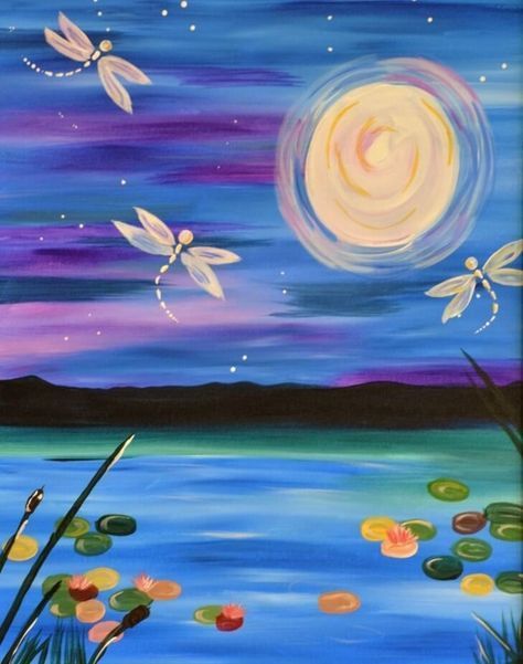 65 Easy Canvas Painting Ideas For Beginners Easy Paintings For Beginners, Canvas Inspiration, Simple Drawings, Wine And Canvas, Christmas Paintings On Canvas, Easy Canvas, Easy Canvas Art, Night Moon, Paint Night