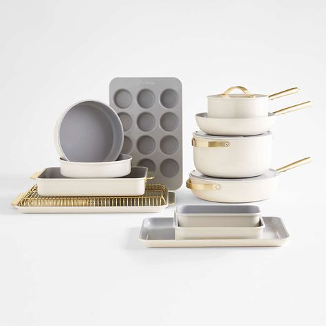 Caraway Cream Full Kitchen Set | Crate & Barrel Aesthetic Pots And Pans Set, White And Gold Pots And Pans, Caraway Pans, Beige Apartment, Pan Rack, Ceramic Cookware, Full Kitchen, Crate Barrel, Bakeware Set