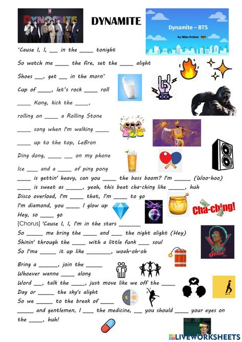 Esl Songs Worksheets, Dynamite Lyrics, Song Listening, Music Listening Worksheet, Song Worksheet, Music Listening Activities, 9th Grade English, Music Activity, English Music