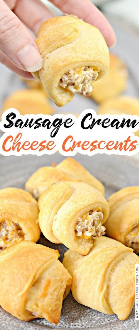 Sausage Cream Cheese Crescent Rolls, Sausage Cream Cheese Crescents, Crescent Roll Breakfast Recipes, Sausage Cream Cheese, Camp Snacks, Cream Cheese Crescent Rolls, Crescent Recipes, Breakfast Crescent Rolls, Crescent Roll Recipes