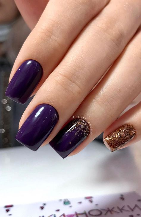 47 Beautiful Nail Art Designs & Ideas : Purple and gold nails Purple And Gold Nails, Dark Color Nails, Gold Gel Nails, Gold Manicure, Dark Purple Nails, Plum Nails, Violet Nails, Gold Acrylic Nails, Purple Nail Art