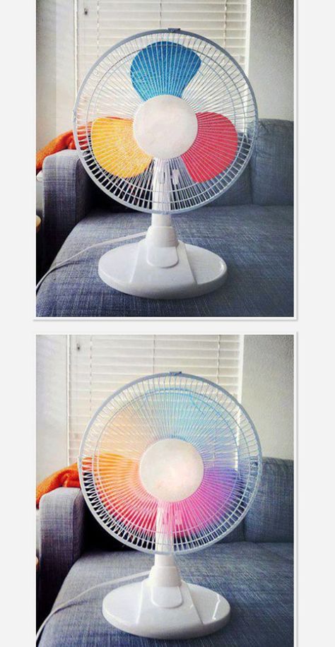 I have a little fan that i would love to try this with! i would need to put more colors in it though cuz mine has more blades Painted Ceiling Fans, Ceiling Fan Decorations Diy, Diy Ceiling Fan, Fan Painting Ideas, Ceiling Fan Painting Ideas, Painted Fan Blades, Rooms Decoration, Rainbow Fan, Painted Fan