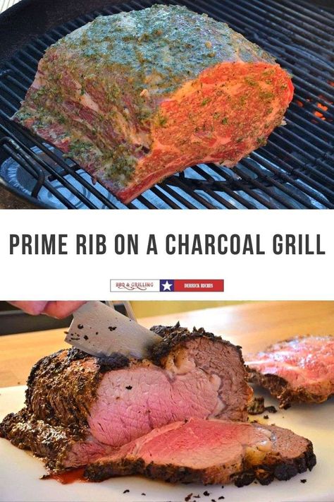 Prime Rib on a Charcoal Grill Grilled Ribs Charcoal, Grilled Prime Rib, Cooking Prime Rib Roast, Grilled Beef Ribs, Beef Rib Roast, Smoked Prime Rib, Grilled Beef Recipes, Cooking Prime Rib, Rib Roast Recipe