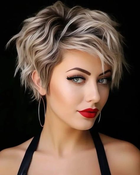 Blond Curly Pixie Haircut, Long Top Pixie, Edgy Long Pixie, Brunette Pixie With Highlights, Short Curly Red Hair, Long Layered Pixie, Long Pixie Cut With Bangs, Modern Pixie Haircut, Dark Pixie Cut