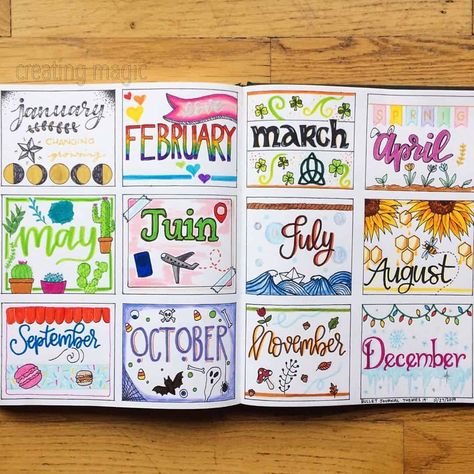 Theme Of The Month Ideas, Monthly Planner Theme Ideas, Bujo Yearly Spread Ideas 2024, Journal Page Themes, Monthly Bujo Ideas, Bojo Themes, Monthly Decorating Themes, Journaling Ideas Creative, Colorful Bujo Theme