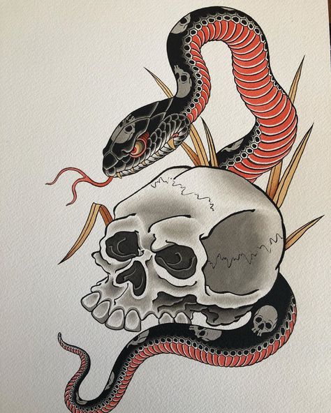 Snake & Skull (Indian ink and liquid acrylic) . . . . @lighthouse_tattoo  #australiantattooistsguild #tattoo #lighthousetattoo… Skull Snake Tattoo, Japanese Skull, Sailor Jerry Tattoo Flash, Japanese Snake Tattoo, Snake Skull, Skull Snake, Skull Reference, Yakuza Tattoo, Lighthouse Tattoo