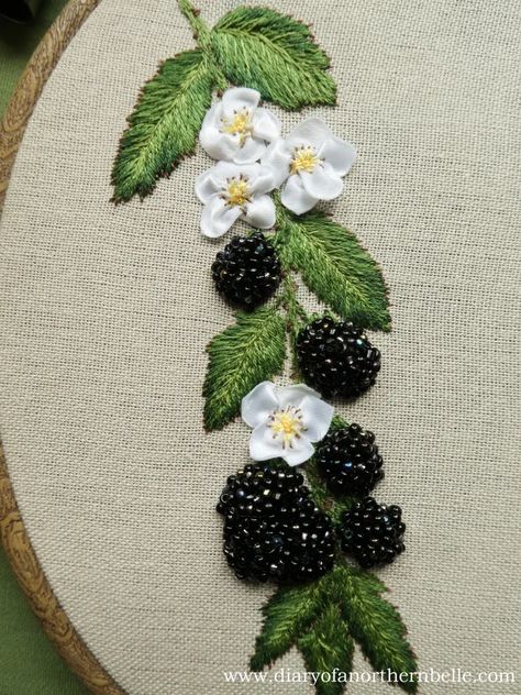 Beaded Blackberries: Inspired by Regency Fiction - The Diary of a Northern Belle Beaded Blackberry Tutorial, Embroidery Blackberries, Embroidered Blackberries, Flower Bead Embroidery, Blackberry Embroidery, Embroidery Berries, Embroidered Berries, Linen Headbands, Bead Embroidery Flower