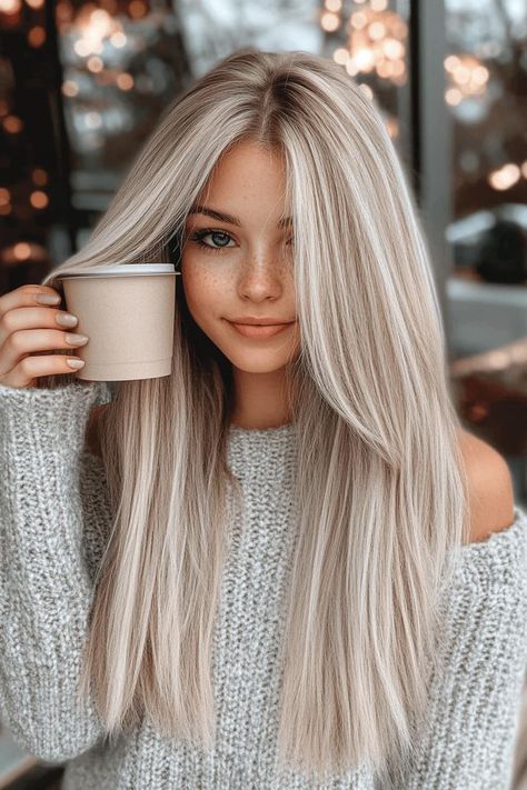 Blonde Icy Highlights, Winter Blonde Hair Trends 2024, Icy Winter Blonde, Blonde Hair In Winter, February Blonde Hair, Blonde Winter Hair 2024, Blonde Hair To Hide Grey Roots, Winter Blonde Hair Straight, Long Cool Blonde Hair