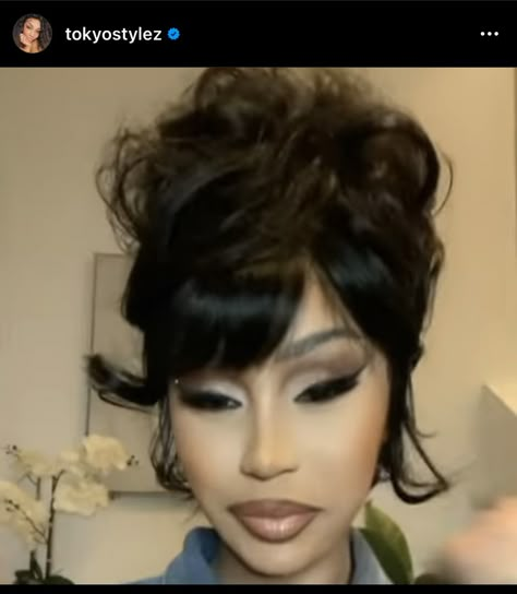 Cardi B Bun Hairstyle, 60a Hairstyles, Mc Bling Hairstyles, Cardi B Wigs, Cardi B Updo Hairstyle, Bangs With Bun Hairstyle, Up Do Hairstyles With Bangs, Baddie Hairstyles Bangs, Baddie Updos