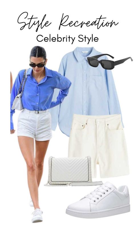 kendall Jenner outfit, blue button down shirt, white shorts, white sneakers, white bag, rectangular framed sunglasses Shorts And White Sneakers Outfit, Old Money Sneakers Outfit, White Denim Shorts Outfit, White Shorts Outfit Summer, Leather Sneakers Outfit, Kendall Jenner Summer, Longsleeves Outfit, Bday Fits, White Shorts Outfit