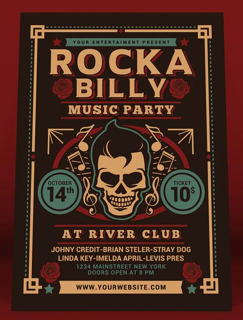 Rockabilly Music Party Flyer Template PSD Rockabilly Party, Rockabilly Music, Party Flyer Template, Music Flyer, Mardi Gras Carnival, Old Music, Music Party, Vintage Rock, About Time Movie