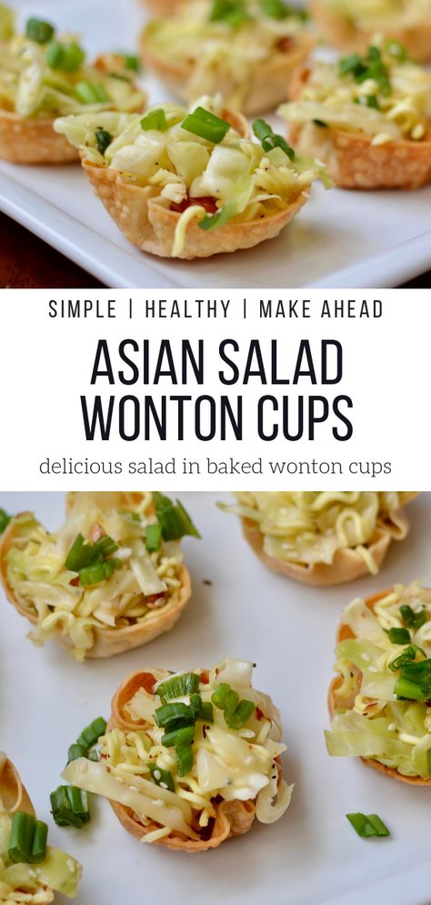 Asian "Sumi" Salad in Baked Wonton Cups - simple make ahead appetizer recipe. Perfect vegetarian appetizer for a summertime party. Light, crisp and healthy, but still full of flavor! I love this recipe for so many reasons, but especially because it's really inexpensive to make, looks fancy and tastes amazing! Total winner! #vegetarian #appetizer #vegetarianappetizer #salad #summersalad #asiansalad #wontons #wontoncups #makeaheadappetizer Asian Appetizers For Party Make Ahead, Hibachi Party Appetizers, Sumi Salad, Hibachi Party, Easter Apps, Make Ahead Appetizer, Vegetarian Appetizer, Asian Appetizers, Wonton Cups