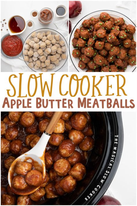 Slow Cooker Apple Butter Meatballs - The Magical Slow Cooker Apple Themed Food Party Ideas, Slow Cooker Pot Luck Ideas, Savory Apple Appetizers, Fall Meatballs Crockpot, Apple Butter Meatballs, Apple Appetizers, Pumpkin Meatballs, Apple Meatballs, Butter Meatballs