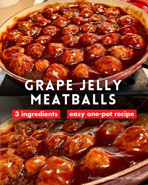 Grape Jelly Meatballs | 3-Ingredient Recipe | One-Pot Dish | Grape Jelly and Barbecue Meatballs | Easy Dinner Recipe | Simple Party Appetizer via @diyjoycrafts Party Meatballs Grape Jelly, Stovetop Meatballs, Grape Jelly Chili Sauce, Jelly Meatball Recipe, Grape Jelly Meatballs Recipe, Barbecue Meatballs, Jelly Meatballs, Grape Jelly Meatballs, Diy Joy