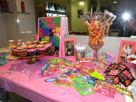 80's Party Candy Table 90s Buffet Food, 90s Treat Table, 90s Candy Table, 80s Candy Table, Y2k Candy Table, 90s Candy Bar Party Ideas, 2000s Candy Table, Y2k Birthday Party, 80s Prom Party