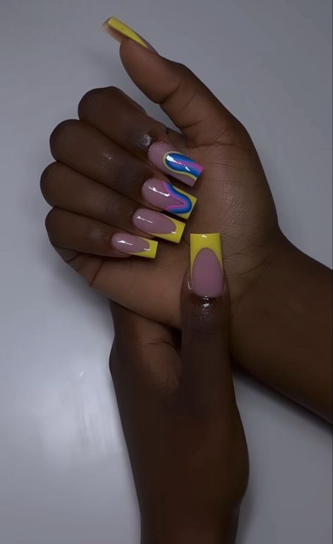 Nails With Multiple Designs, Square Nail Designs Trending Now, Funky Nails Square, Cute Nails Square, Funky Nail Art Designs, Nails Acrylic Square, Ambre Nails, Nails Baddie, Funky Nail Art