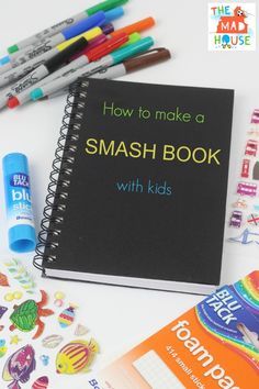 How to make a smash book with kids - a step by step guide. A smash book has no rules, it celebrates messy and is an ace way to get children journalling over the summer How To Make A Scrapbook, Scrapbook For Kids, Smash Book Inspiration, London Travel Guide, Book Tutorial, Book Scrapbook, Games Outdoor, Drama Games, Diy Summer Crafts