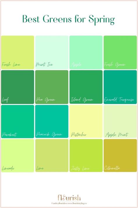 Are you a Spring and stumped on what greens are in your color palette? Fret no more - we have created this handy chart just for you. Check out our latest blog post for more information on greens for each season! #coloranalysis #shesaspring #personalstyle #greenfashion Clear Spring Palette, Best Greens, Warm Spring Palette, Warm Spring Color Palette, True Spring Color Palette, Light Spring Palette, Warm Spring Outfits, Light Spring Color Palette, True Spring Colors