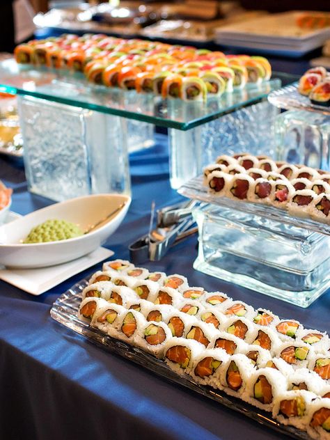 Guests will swarm a sushi station at your wedding reception. Pick an assortment of rolls and watch them go fast! Reception Food Station, Wedding Reception Food Stations, Wedding Buffet Menu, Wedding Buffet Food, Wedding Food Stations, Wedding Snacks, Wedding Reception Dinner, Buffet Style, Food Buffet