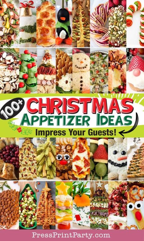 100 fun and easy appetizers for a Christmas party. The Christmas season is synonymous with food in the shape of trees, stars, snowmen, and other holiday motifs. Find the perfect easy Christmas appetizers for a party to remember. Christmas party appetizer ideas and recipes. Impress your guests with fun holiday appetizers - bread, puff pastry, charcuterie boards, savory dips, sweet dips, salads, cheese balls, cookies, desserts. Christmas party buffet food ideas - Press Print Party! Christmas Appetizer Ideas, Christmas Party Buffet, Appetizers Appetizers, Christmas Finger Foods, Christmas Party Snacks, Christmas Potluck, Best Holiday Appetizers, Christmas Appetizers Easy, Christmas Appetizer