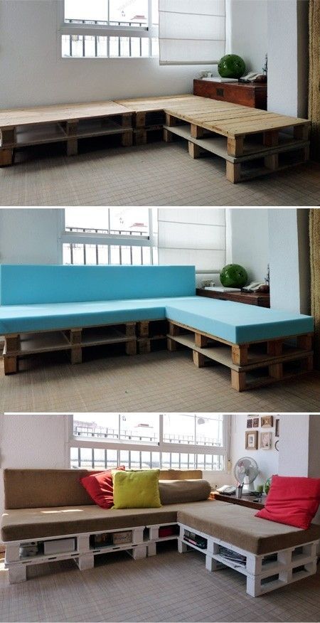 Create a Couch From Wooden Pallets. This page has tons of random but excellent DIY projects!! So glad I found it! Diy Pallet Sofa, Pallet Couch, Hemma Diy, Pallet Sofa, Diy Casa, Design Del Prodotto, Creative Furniture, Clever Diy, Design Case