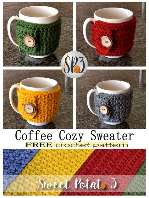 Cup Sweaters Crochet, Mug Cozy’s, Knitted Coffee Mug Cozy Free Pattern, Crochet Pattern Mug Cozy, Coffee Cup Warmers Crochet, Easy Crochet Mug Cozy, Crochet Mug Cozy Free Pattern Easy, Crochet Mug Sweater, Crochet Mug Warmer Free Pattern