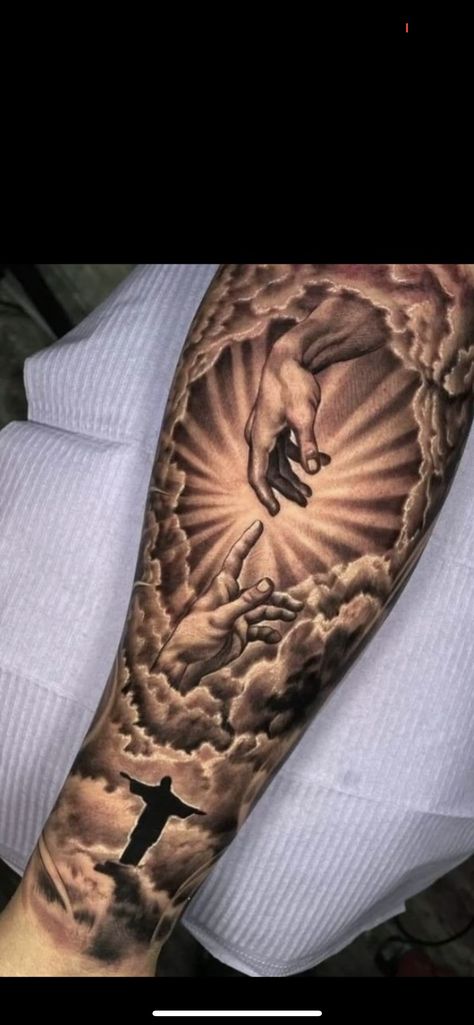 Cross On Mountain Tattoo, Clouds Tattoo For Men, Angel Tattoo Arm, Angel Sleeve Tattoo, Inside Of Arm Tattoo, Memorial Tattoo Ideas, Tattoo Font For Men, Tattoo Ideas Males, Quarter Sleeve Tattoos