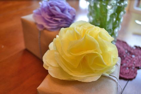 How to Make Tissue Paper Gift Bows : Factory Direct Craft Blog Tissue Paper Bows Diy Gift Wrapping, How To Decorate A Gift Bag Tissue Paper, Tissue Paper Bows Diy, Tissue Paper Bow, How To Make A Gift Bow, Gift Bow Tutorial, Paper Bows Diy, Bows For Presents, Making A Gift Basket