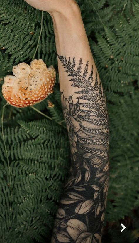 Men Forest Tattoo, Black Foliage Tattoo, Fern Tattoo Cover Up, Botanical Arm Sleeve Tattoo, Black Work Nature Tattoo, Botanical Nature Tattoo Sleeve, Forest Plant Tattoo, Nature Tattoo Back Piece, Plant Tattoo Cover Up