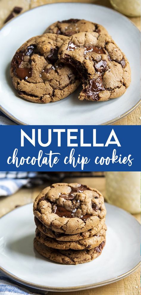 These Nutella chocolate chip cookies are delicious, chewy, Nutella based cookies loaded with chocolate chips. Chewy Nutella Cookies, Nutella Soft Cookies, Chocolate Chips Desserts, Cookies With Nutella Recipes, Nuttela Cookies Recipes, Baking Recipes Nutella, Christmas Cookies With Nutella, Baking Recipes With Nutella, Chocolate Chip Cookies With Nutella