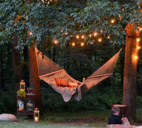 Backyard Hammock, Patio String Lights, Outdoor Hammock, Backyard Pergola, Backyard Lighting, Garden Types, Decks Backyard, Backyard Deck, Backyard Fire