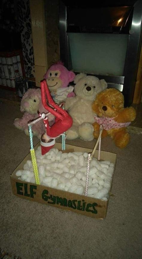 Gymnastic Elf On The Shelf, Elf Bowling Ideas, Elf On Shelf Gymnastics, Elf On The Shelf Two Elves Funny, Elf On The Shelf Gymnastics, Elf On The Shelf Inspiration, Elf Barbie Ideas, Gymnastics Elf On The Shelf, Group Elf On The Shelf Ideas