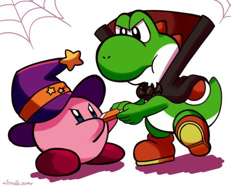 Yoshi and Kirby fight for a piece of candy... Yoshi And Kirby, Yoshi Halloween, Smash Bros Wii, Mario Comics, Kirby Nintendo, Fruits Drawing, Trick Or Treaters, Kirby Art, Nintendo Art